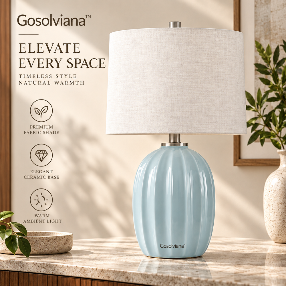 Gosolviana™ Pumpkin-Shaped Dusty Blue Ceramic Table Lamp, Coastal Bedside Lamp with Linen Shade