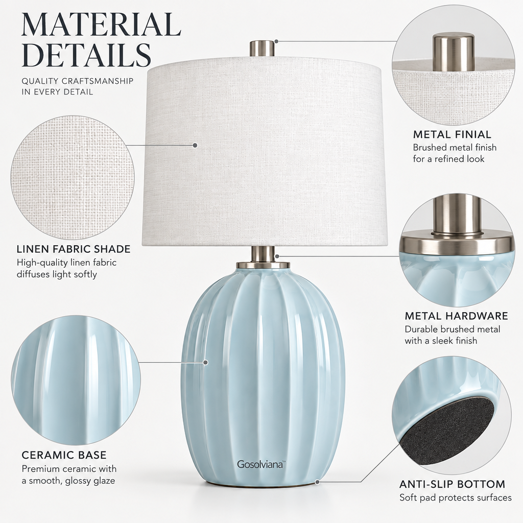 Gosolviana™ Pumpkin-Shaped Dusty Blue Ceramic Table Lamp, Coastal Bedside Lamp with Linen Shade