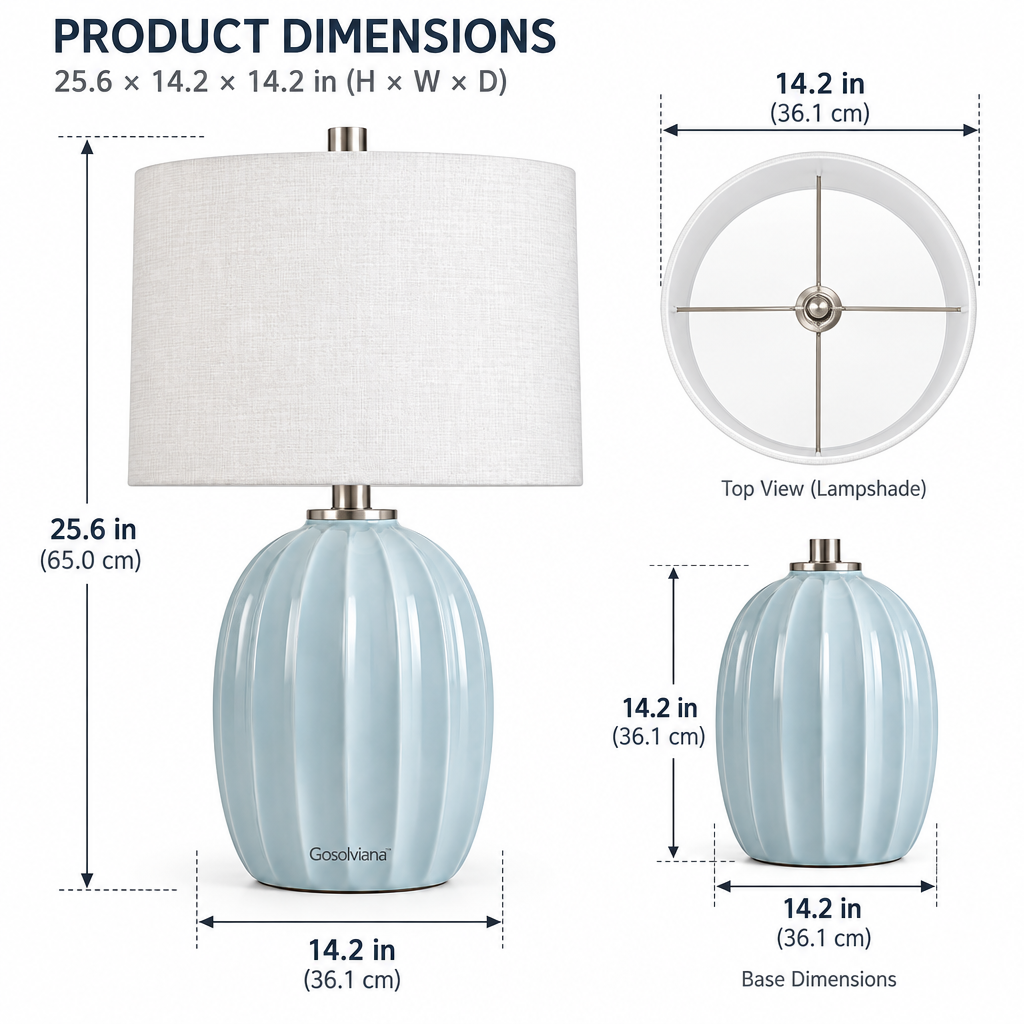 Gosolviana™ Pumpkin-Shaped Dusty Blue Ceramic Table Lamp, Coastal Bedside Lamp with Linen Shade