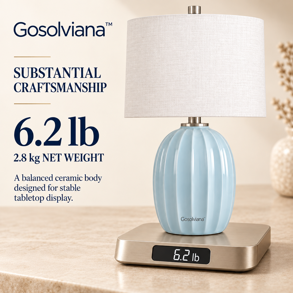 Gosolviana™ Pumpkin-Shaped Dusty Blue Ceramic Table Lamp, Coastal Bedside Lamp with Linen Shade