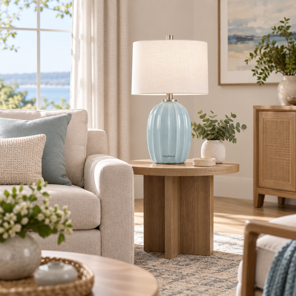 Gosolviana™ Pumpkin-Shaped Dusty Blue Ceramic Table Lamp, Coastal Bedside Lamp with Linen Shade