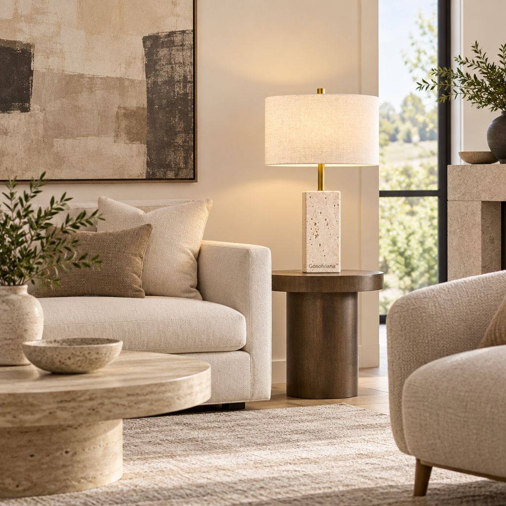 Gosolviana™ Travertine Table Lamp – Natural Stone Accent Lighting for Modern Homes